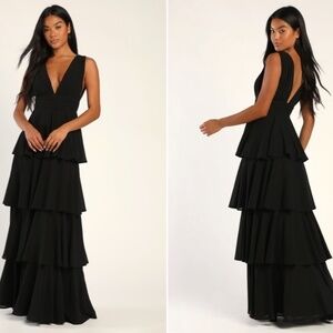 LULUS Prom Wedding Bridesmaid Tiered Ruffles Bohemian Black Maxi Dress